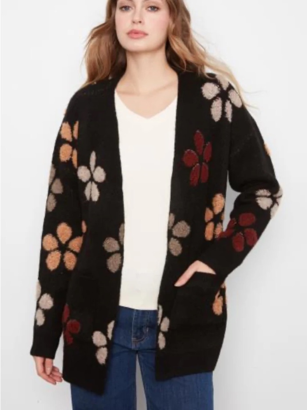 Black Floral Open-Front Women's Cardigan Sweater